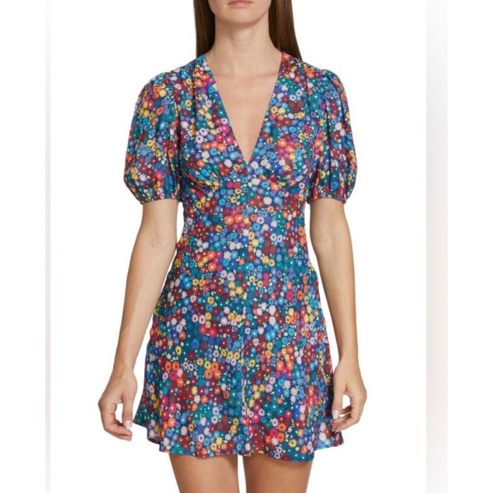 Staud Mini Dress Milla Rainbow Floral Puff Sleeve A Line Fairy Women Size 0 - Picture 12 of 12